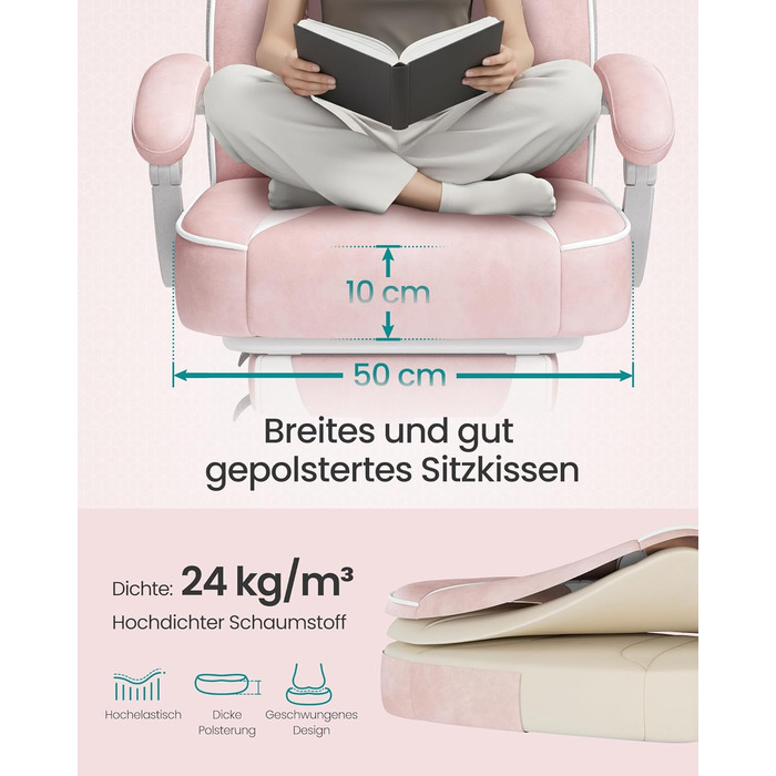 Ігрове крісло SONGMICS, офісне крісло з підставкою для ніг, робоче крісло з підголівником та поперековою подушкою, регульована висота, ергономічне, вантажопідйомність до 150 кг, пастельно-рожевий OBG073P01 пастельно-рожевий кремово-білий