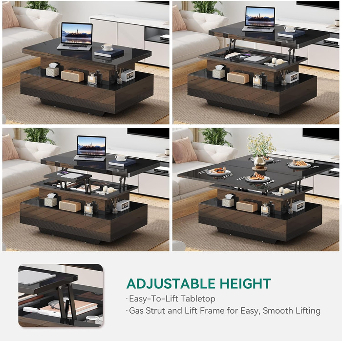 Журнальний столик з регульованою висотою, глянцевий стіл для вітальні з 2 шухлядами та світлодіодним освітленням, журнальні столики з прихованим відділенням для зберігання, трансформується в обідній стіл, чорний