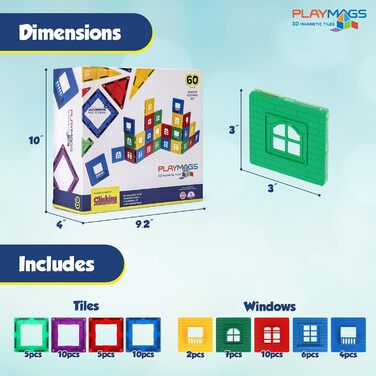 Магнітний конструктор Playmags 3D (60 деталей) набір для будівництва з 30 віконними рамами та 30 вставками STEM-іграшка для розвитку творчості та мозкової діяльності