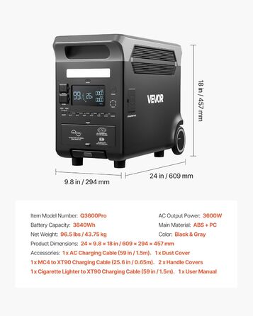 Портативна електростанція VEVOR 3600 Вт, 3840 Втгод, сонячний генератор з 10 вихідними портами, 6 регульованими вхідними потужностями, резервне живлення від LiFePO4 акумулятора (сонячна панель НЕ входить до комплекту)