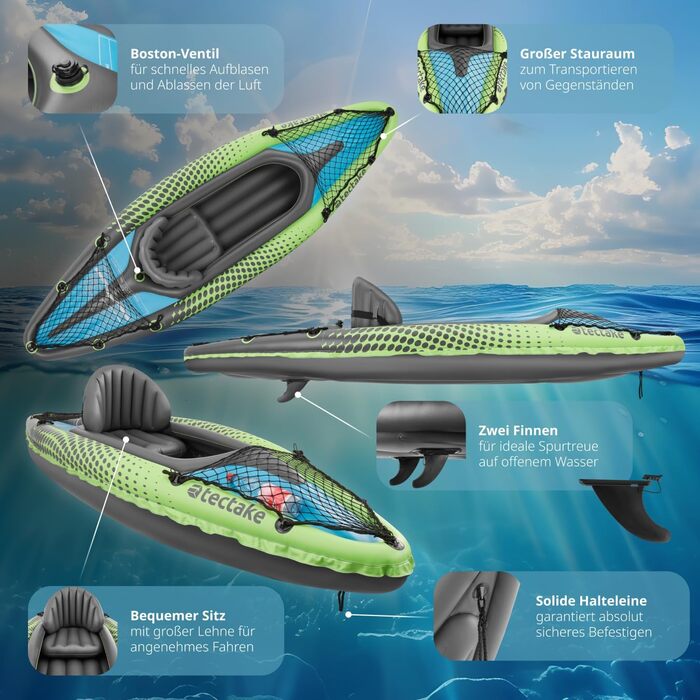 Надувний каяк tectake, надувний каное/велосипедний човен на 1 особу з подвійним веслом та аксесуарами сидінням, насосом, сумкою для транспортування, для водних видів спорту, відпочинку, риболовлі, веслування