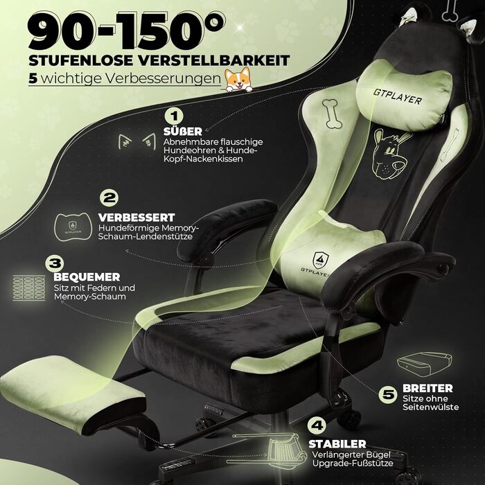 Миле ігрове крісло з оксамитовою тканиною, ергономічне офісне крісло, ігрове крісло з котячими вушками, піною з ефектом пам&39яті та підставкою для ніг, 150 кг, зелена тканина