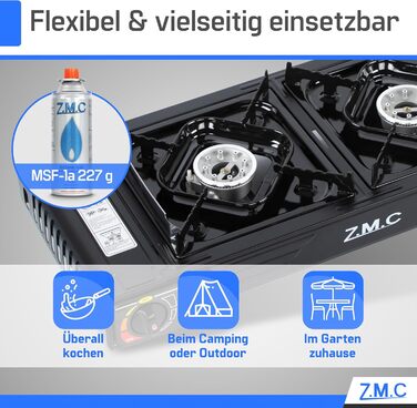 Туристична плита ZMC Premium з 2 конфорками, 2,5 кВт, п&39єзоелектричним запалюванням та футляром для перенесення Подвійна газова плита для використання на вулиці, балконі та в приміщенні Комплект газової плити (додатково) включає пластину для гриля 45x24