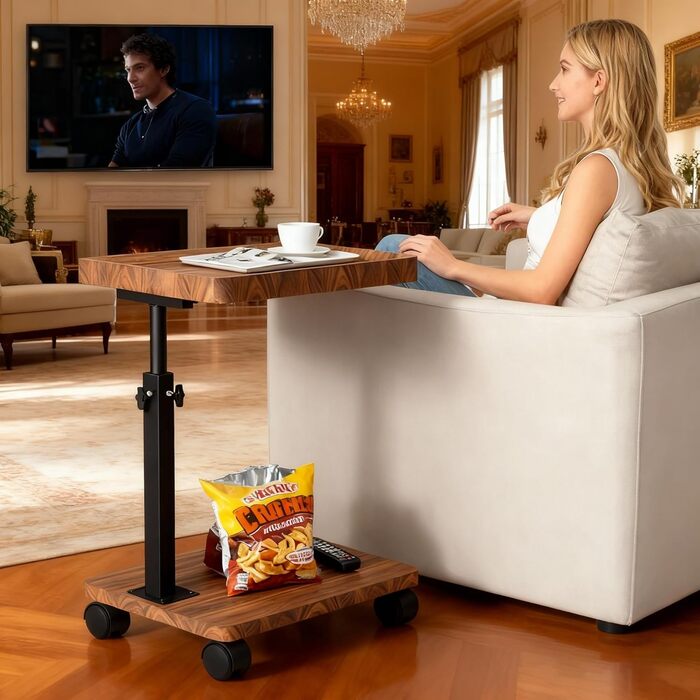 Журнальний столик з колесами Журнальний столик з регульованою висотою (45-80 см) Дерев&39яні жорстокі столики, С-подібної форми, обертаються на 360, з горіховим покриттям Невеликий журнальний столик для вітальні, дивана, кушетки (горіх)