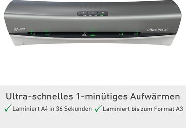Ламінатор Leitz iLAM Office Pro A3, надшвидкий розігрів 1 хвилина, для плівок 75-175 мікрон, світлодіоди доступності та світлодіодний індикатор стану, функція захисту від застрягання, автоматичне вимкнення, стартовий комплект для роботи з плівками, сірий/