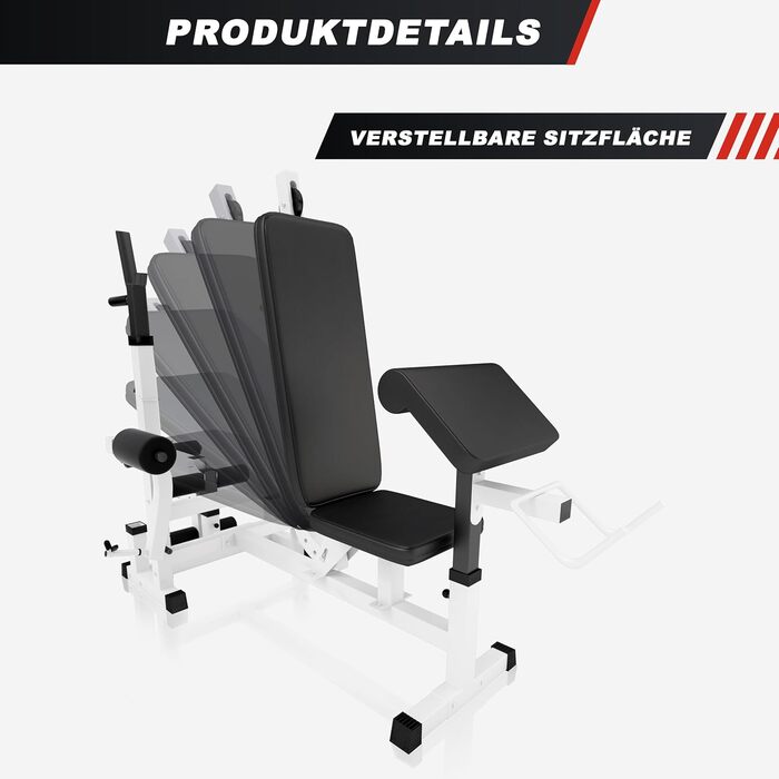 Силова лава GORILLA SPORTS - вкл. комплект штанг 100 кг, місце для зберігання, станція для віджимань, накладка для згинання рук, згинання ніг, режим &quotметелик&quot, тяга до найширшого хвата, регульована, чорно-біла - Багатофункціональна тренувальна лав