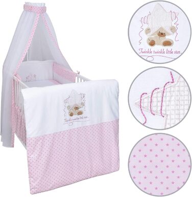 Комплект дитячого ліжка Generic Baby Deluxe, дитяче ліжко 60x120 см, що трансформується в дитяче ліжко, біле, 10 предметів, комплект постільної білизни Max, матрац, шифоновий балдахін (блискучий рожевий)