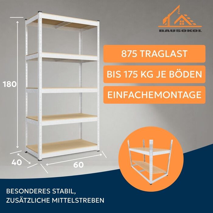 Металевий стелаж 180x60x40 см, оцинкований 5 полиць МДФ вантажопідйомність 875 кг полиця для зберігання, полиця для майстерні, полиця для підвалу, надміцна полиця, стелаж без ригелів, мала полиця