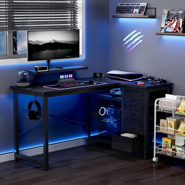 Г-подібний письмовий стіл Devoko з 4 тканинними шухлядами, двосторонній кутовий стіл з 2 розетками та 2 USB-портами, Г-подібний комп&39ютерний стіл для домашнього офісу, чорний, 140x80 см