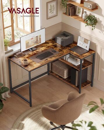 Г-подібний кутовий стіл, комп&39ютерний стіл з місцем для зберігання, офісний стіл, полиця з регульованою висотою, для домашнього офісу, 110 x 80 см, вінтажний коричневий LWD135KD01 Вінтажний коричневий 110 x 80 см Без подовжувача