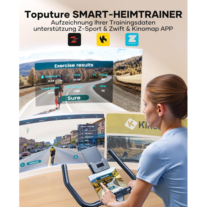 Велотренажер Toputure з додатком, магнітним опором 0–100 %, 15 кг маховик, до 160 кг, LCD-дисплей та тримач планшета