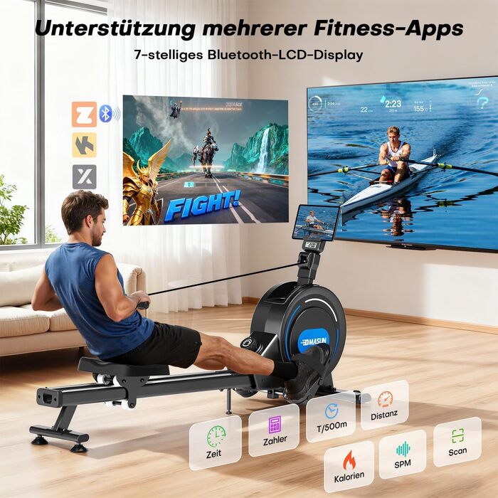 Домашній гребний тренажер DMASUN, новинка 2026 року Магнітний гребний тренажер з оновленими подвійними рейками, ультратихий гребний тренажер, 16/32 рівні опору, РК-дисплей даних, витримує до 160 кг, чорний - 16 рівнів
