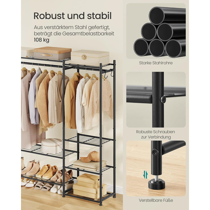 Вішалка для одягу SONGMICS, Відкрита шафа, Вішалка для пальто з 7 полицями, 2 вішалки для одягу, 4 S-подібних гачки, Металевий каркас, для спальні, вітальні, вхідної зони, Чорний LGR010BZ01 124.8W см