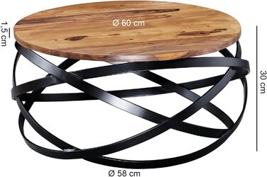 Круглий журнальний столик FineBuy MANUR з масиву шишаму Ø 60 см стіл для вітальні в промисловому дизайні з чорним металевим каркасом дерев&39яний стіл ручної роботи, натурально-коричневий