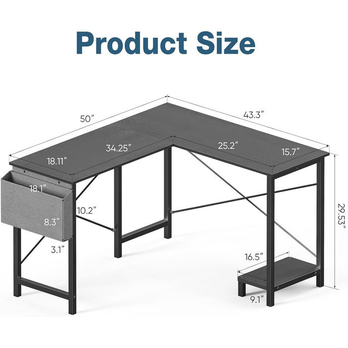 Подібний стіл OLIXIS, 50-дюймовий офісний ігровий комп&39ютерний стіл, кутовий ПК-стіл з бічною кишенею та двосторонньою полицею для домашнього офісу, навчання, письма, чорний