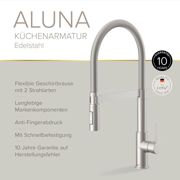 Кухонний змішувач Lenz ALUNA з нержавіючої сталі гнучкий висувний полив у кольорі нержавіючої сталі