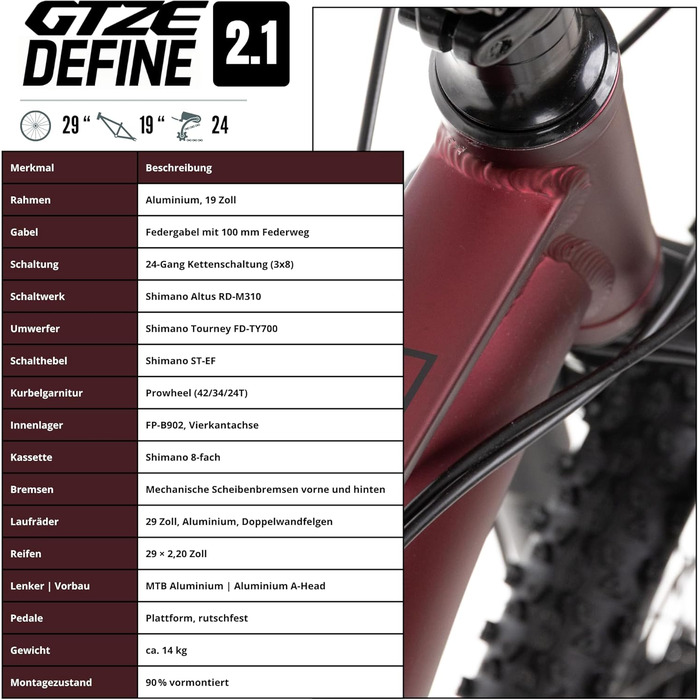 Гірський велосипед Goetze Define 2.1 Hardtail, 29-дюймові колеса, 19-дюймова алюмінієва рама, подвійні дискові гальма, 24-швидкісна Shimano Altus, графітова амортизаційна вилка 100 мм