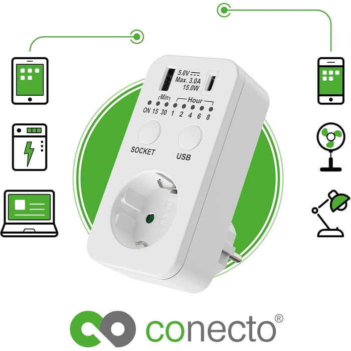 Таймер розетки conecto, розетка зворотного відліку, таймер 230 В, розетка таймера USB і USB-C, розетка програмованого таймера, 2300 Вт, білий