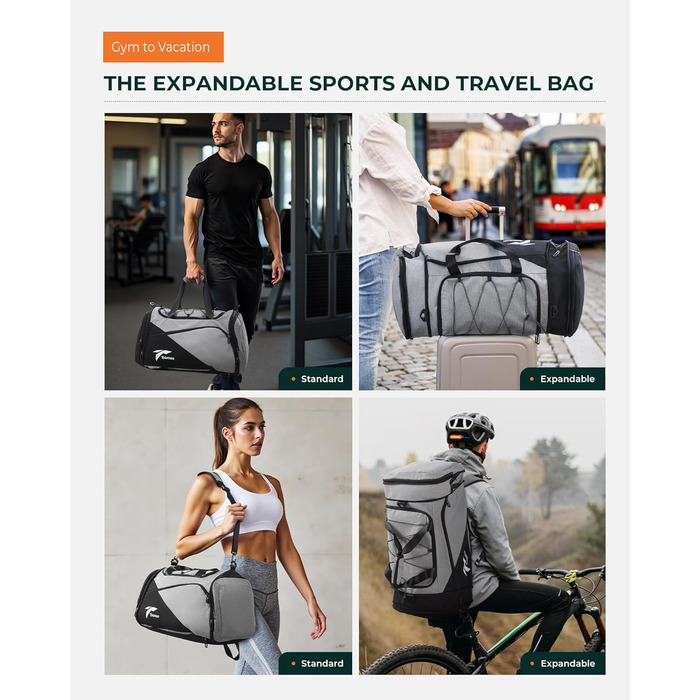 Спортивна сумка-рюкзак Tolaccea для чоловіків та жінок, велика розширювана спортивна сумка об&39ємом 45-63 л з відділенням для взуття, відділенням для вологих речей, відділенням для ноутбука, дорожня сумка, сумка для тренувань для спортзалу, подорожей, пл