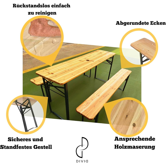 Комплект пивних наметів DIVID, 3-елементний, складаний та портативний, комплект пивних наметів, 2 лавки та 1 стіл, тримач для парасольки, дерев&39яний, комплект сидінь, пивний стіл, 170x46x75, комплект садових меблів