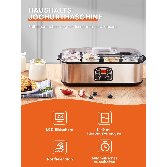 Йогуртниця, грецька йогуртниця на 8 баночок/кришок, дисплей одним дотиком ідеально підходить для органічних, підсолоджених, аромат