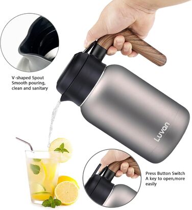 Кавник Luvan 2L з нержавіючої сталі 316 з подвійними стінками та вакуумною ізоляцією, термос для кави, кавовий поршень для термоса, ізольований горщик для соку/молока/чаю (сріблястий)