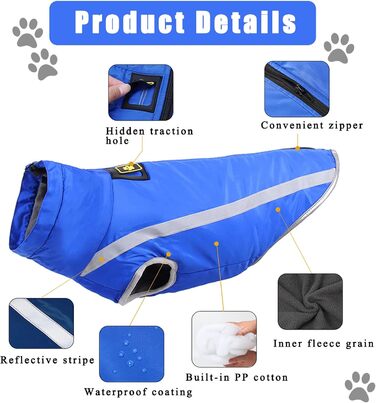 Зимова куртка для собак, тепле пальто для собак середніх та великих собак, водонепроникний зимовий одяг для собак, світловідбиваючий флісовий одяг для цуценят, лабрадора, бульдога, самоєда (6XL/68 см, синій) 6XL/68 см синій