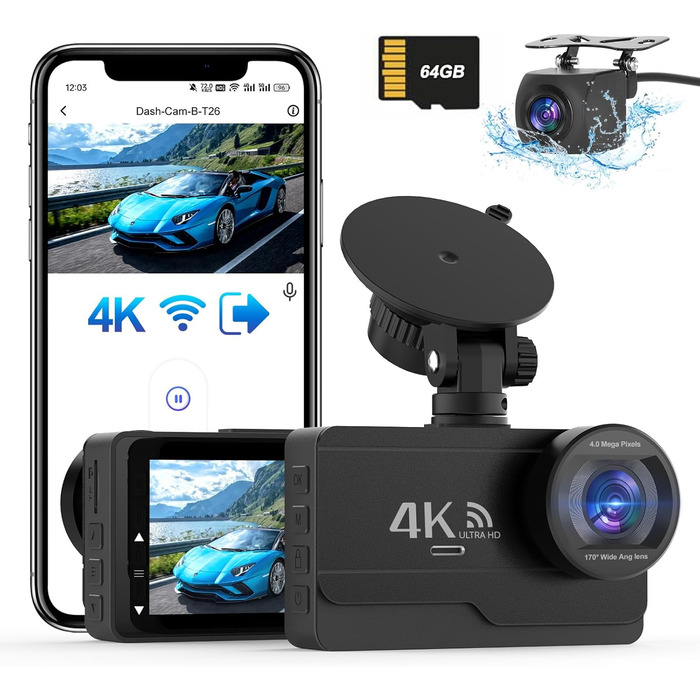 Відеореєстратор автомобільний передній задній, WiFi відеореєстратор безкоштовна карта 64GB, 170 широкий кут, G-сенсор відеореєстра