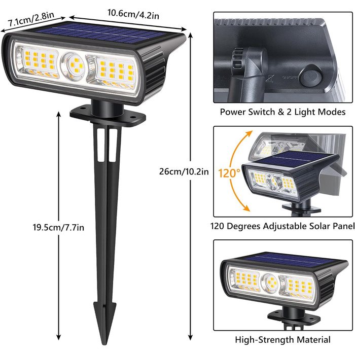 Сонячні ліхтарі для саду на відкритому повітрі, сонячні прожектори 3000K теплого білого кольору, 4 шт., водонепроникні садові ліхтарі IP65, 2 режими яскравості, сонячні ліхтарі для саду на відкритому повітрі, двору, доріжки