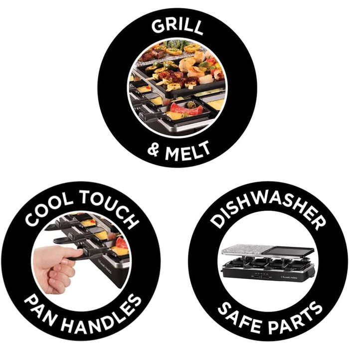 Раклетний гриль Russell Hobbs 8 персон включаючи 8 сковорідок і дерев'яну лопатку, 2 настільні пластини для гриля Multi-Grill (натуральний камінь з каналом для соку, двостороння пластина з антипригарним покриттям, ребриста) Чорний, 26280-56 Раклет квадрат