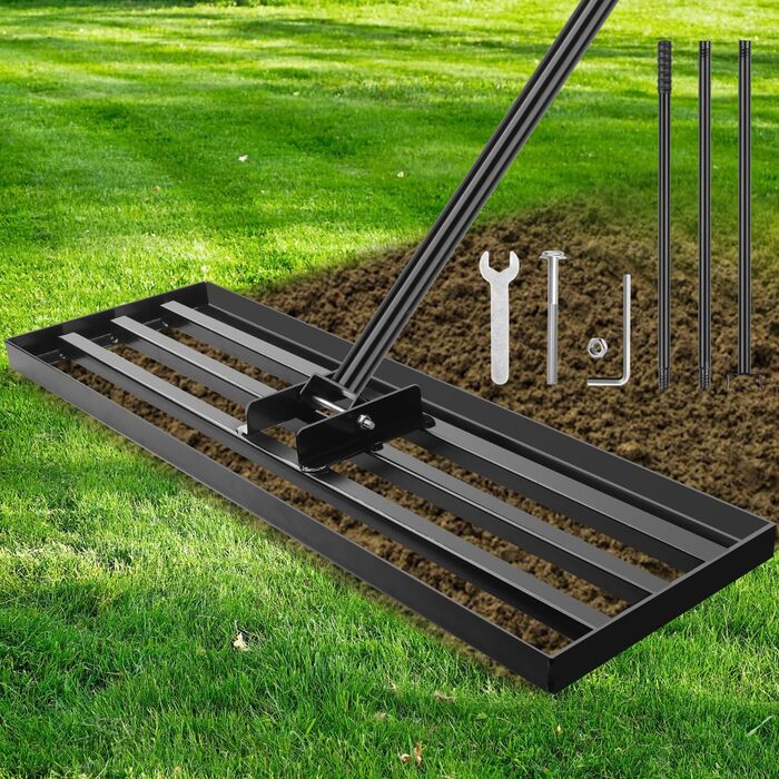 Гребінь-рівняльник для газону 75x25 см з регульованою ручкою (213 см) та антиковзким покриттям, міцний інструмент для вирівнювання газону. Ідеально підходить для саду та подвір'я, чорний колір.