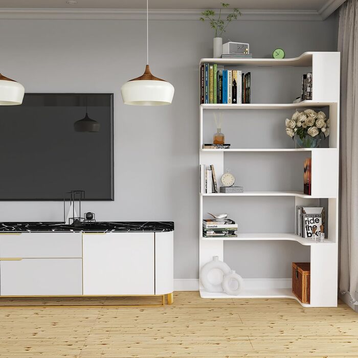 Г-подібна кутова полиця з 5 полицями, велика відкрита окремостояча полиця, кутова книжкова полиця білого кольору для спальні, вітальні, кабінету, 90x48x169 см 90 x 48 x 169 см Білий