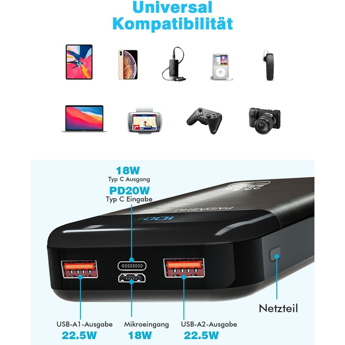 Зовнішній акумулятор для мобільного телефону PD20W Power Bank зі швидкою зарядкою USB C зі світлодіодним дисплеєм 3 виходи та 2 вх