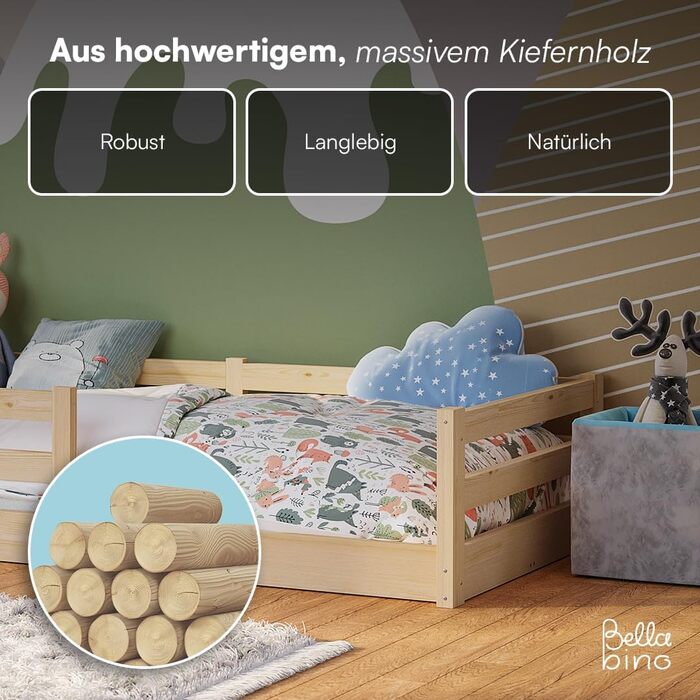 Ліжко Bellabino Iskri на підлозі 90x200 см Дитяче ліжко Монтессорі із захистом від падіння та рейковою основою Дерев&39яне ліжко для хлопчиків та дівчаток з масиву сосни натурального кольору Дитяче ліжко натурального кольору 90x200 см без матраца
