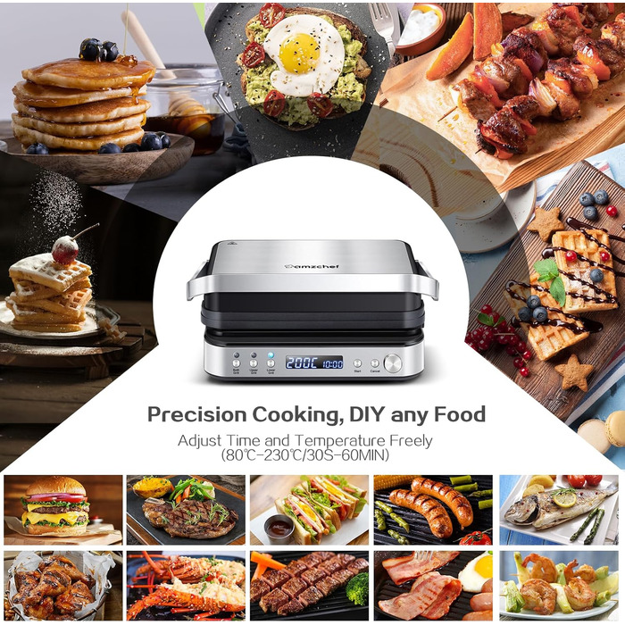 Багатофункціональний контактний гриль 4 в 1, сковорода, вафельниця та бутербродниця з 4 знімними пластинами з антипригарним покриттям, індивідуальним часом і температурою, LED-дисплеєм, грилем здоров'я 2000 Вт великий
