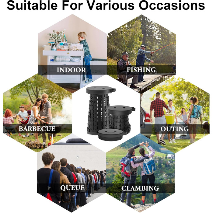 Портативний телескопічний стілець, портативний складаний стілець, висувний складаний стілець для кемпінгу, риболовлі, подорожей, барбекю, походів, регульований складаний стілець, складний стілець, вантажопідйомність 280 кг з карабіном, чорно-білий, 25x25x