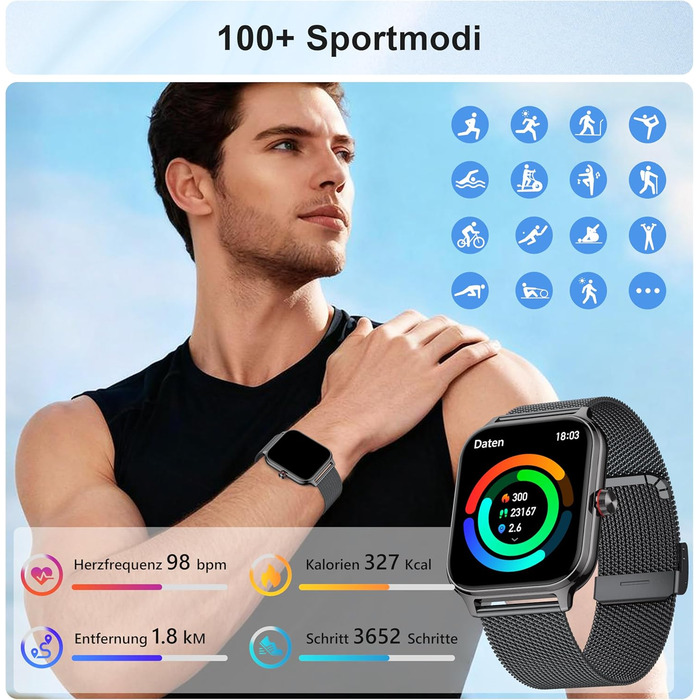 Розумний годинник для чоловіків та жінок, функція телефону, артеріальний тиск, пульс, сон, 1.96-дюймовий фітнес-годинник зі штучним інтелектом, понад 100 спортивних режимів, водонепроникність IP67, крокомір, будильник, калькулятор, візитна картка, iOS/And