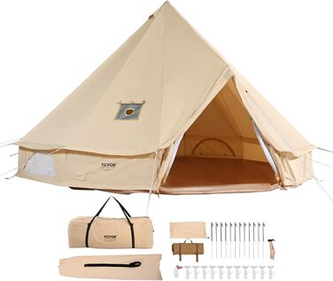 Намет-юрта VEVOR Bell Tent 3-7 м, підходить для 6-12 осіб, виготовлена з бавовни TC та має міцні залізні стійки з ПВХ підлогою. Кемпінговий намет-дзвін з парусини.