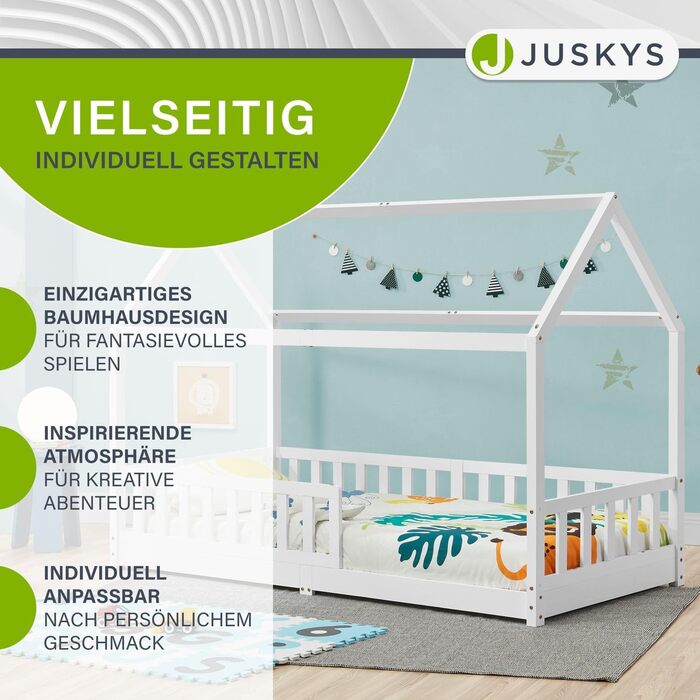 Дитяче ліжко Juskys Marli 90 x 200 см з матрацом, захисними поручнями, рейковою основою та дахом - Ліжко-будиночок з масиву дерева для дітей - Ліжко білого кольору