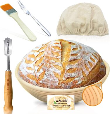 Кошик для вистоювання - Walfos Круглий кошик для випічки хлібного набору, 100 натуральний ротанг, включаючи пекарський ніж, щітку,