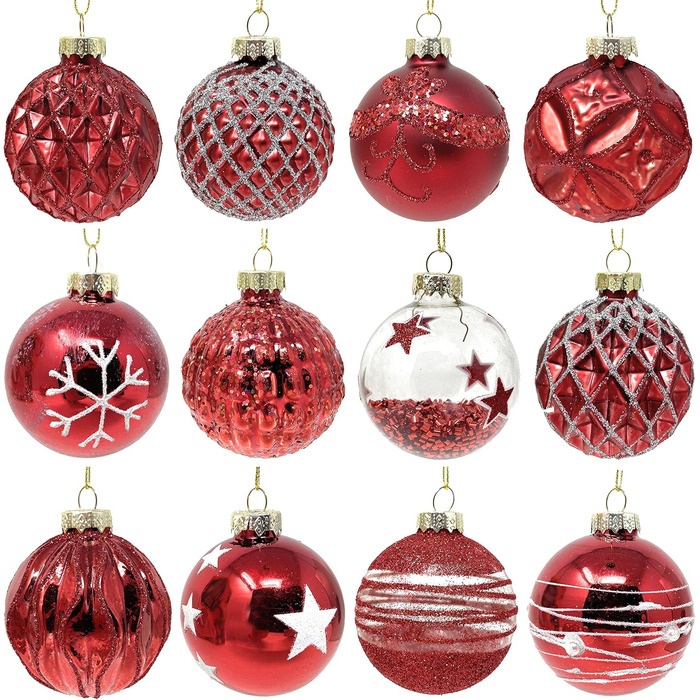 Червоні скляні ялинкові прикраси набір з 12 шт TOBJA