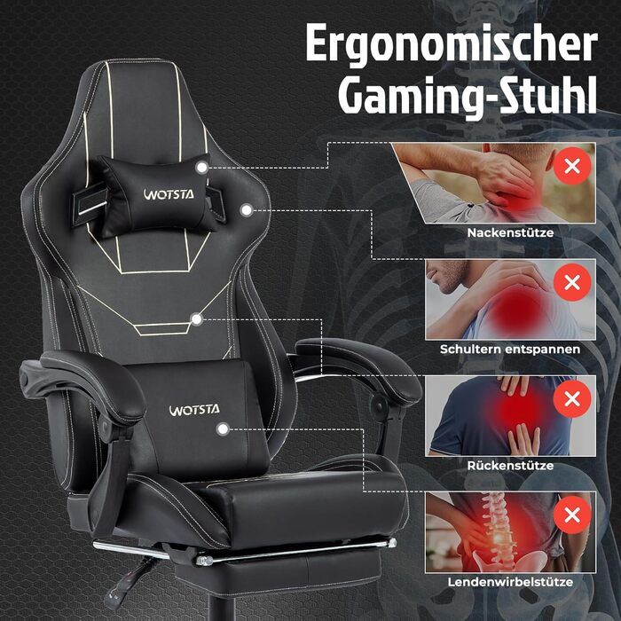 Ергономічне ігрове крісло, офісне крісло з підставкою для ніг, гоночне комп&39ютерне крісло, регульована висота, м&39яке, поперекова підтримка, чорне