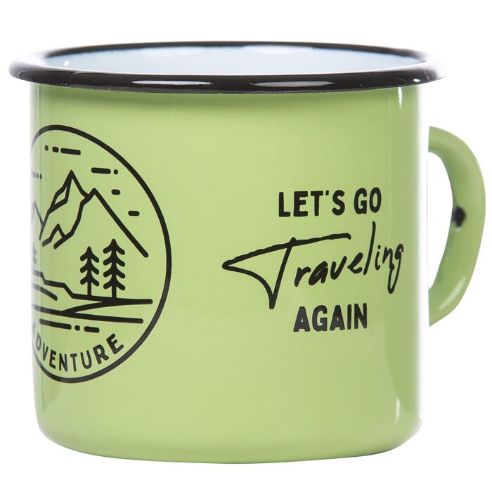Емальована кружка MUGSY, Ніколи не припиняйте досліджувати, 330 мл, Мотив природи та приказка, Емальована чашка, Стійка до ударів, Зелена