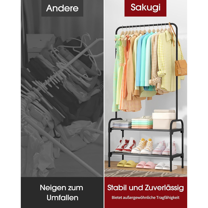 Вішалка для одягу - штанга для одягу з нековзними ніжками, шафа-стійка з 2-рівневим органайзером для взуття, вішалка для одягу для спальні, передпокою, 74 x 30 x 150 см, чорна 74 x 30 x 150 см чорна