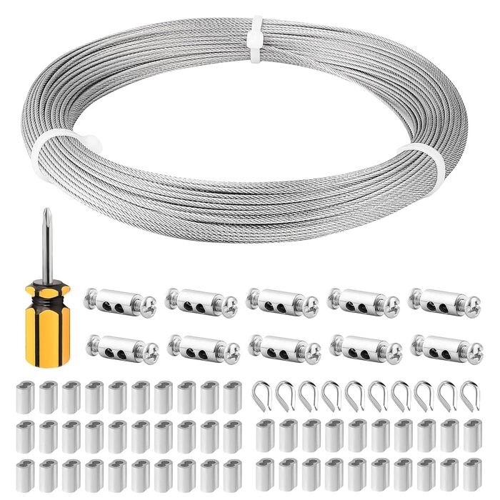 Трос Abimars з нержавіючої сталі 50 м, 304 сталевий трос для садового дроту, з наперстками з дротяної мотузки, алюмінієві рукави, ідеально підходить для рослин, допоміжний засіб для скелелазіння, для підвішування ремесел