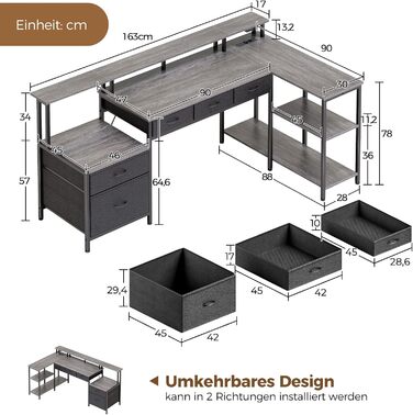 Г-подібний стіл Rolanstar з шухлядами, двосторонній ігровий стіл з розеткою, світлодіодним освітленням та підставкою для монітора, комп&39ютерний стіл 163 см для офісу, кабінету, спальні, сірий