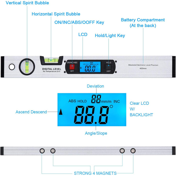 Інклінометр, цифровий інклінометр RISEPRO Кутошукач Вимірювач рівня спирту Вертикальний магніт Діапазон 360 Довжина 416 мм з підсвічуванням 82112 S