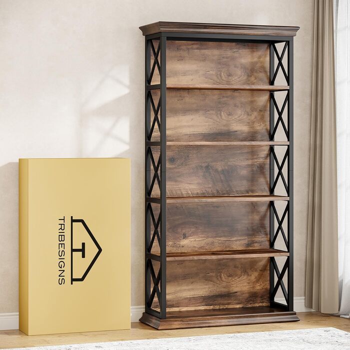 Книжкова полиця Tribesigns, висота 180 см, окремостояча полиця, 6-ярусна дерев&39яна книжкова полиця, відкрита полиця з металевим каркасом для вітальні, домашнього офісу, промисловий дизайн, вінтажний коричневий, чорний