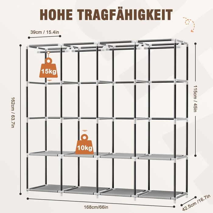 Шафа, тканинна шафа з 4 рейками для одягу, міцна та з 8 відділеннями, складна гардеробна шафа для зберігання одягу в гардеробній спальні (сіра)