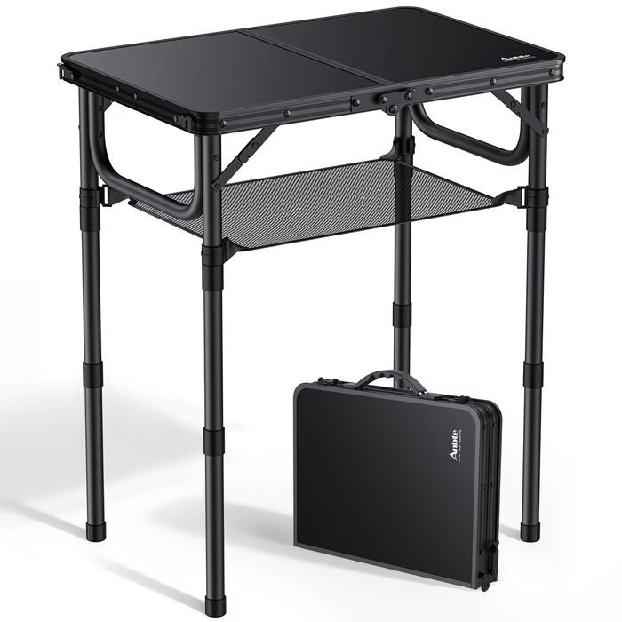 Складаний кемпінговий стіл Anbte 60x40 см, алюмінієва рама, 3 регульовані по висоті 26/48/70 см, стіл-валіза з сіткою для зберігання, портативний стіл для пікніка для кемпінгу, пляжу, балкону (повністю чорний)